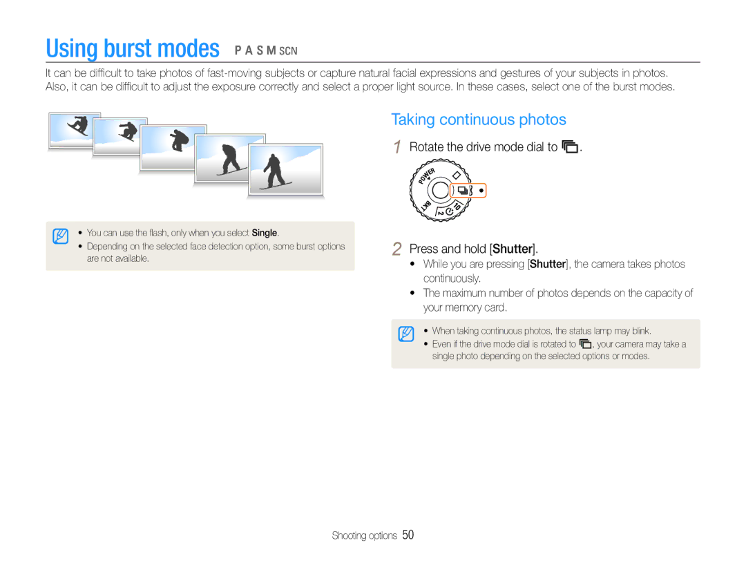 Samsung TL500 user manual Using burst modes p a S M s, Taking continuous photos 