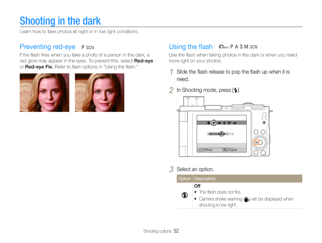 Samsung TL500 user manual Shooting in the dark, Preventing red-eye p s, Using the ﬂash t p a S M s, Select an option 