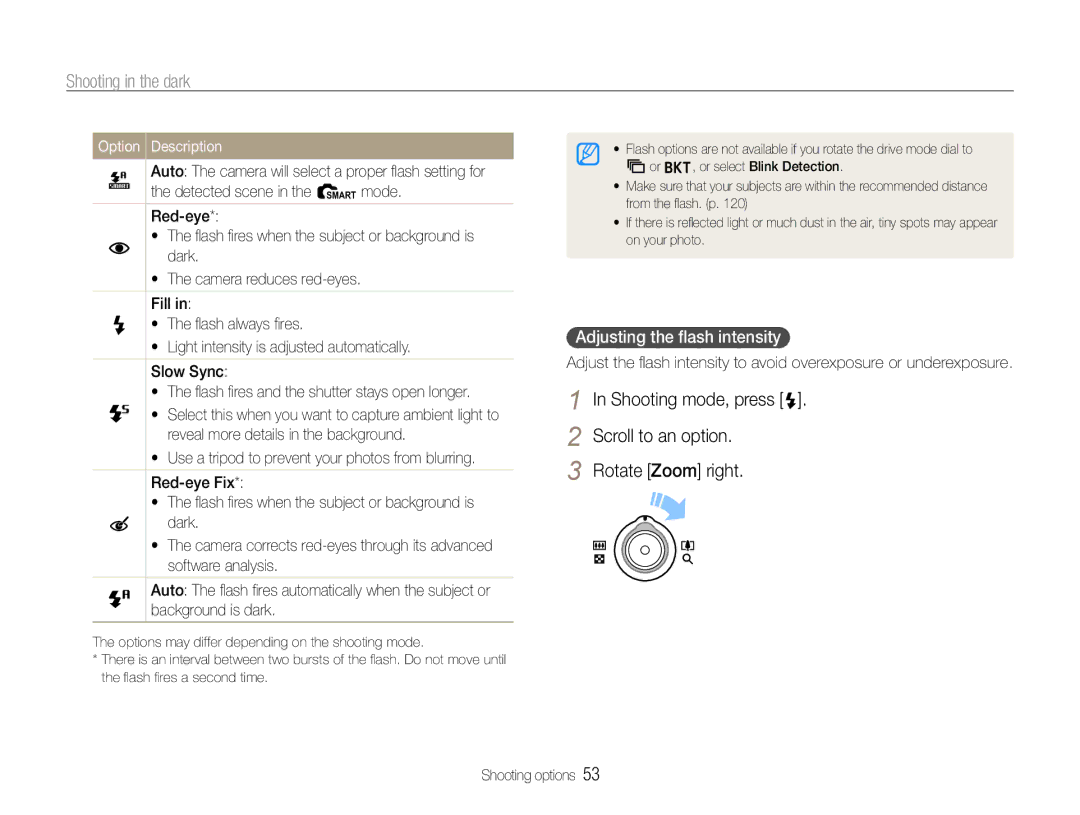 Samsung TL500 user manual Shooting in the dark, Adjusting the ﬂash intensity 