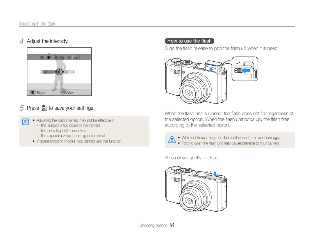 Samsung TL500 user manual How to use the ﬂash, Slide the ﬂash release to pop the ﬂash up when it is need 