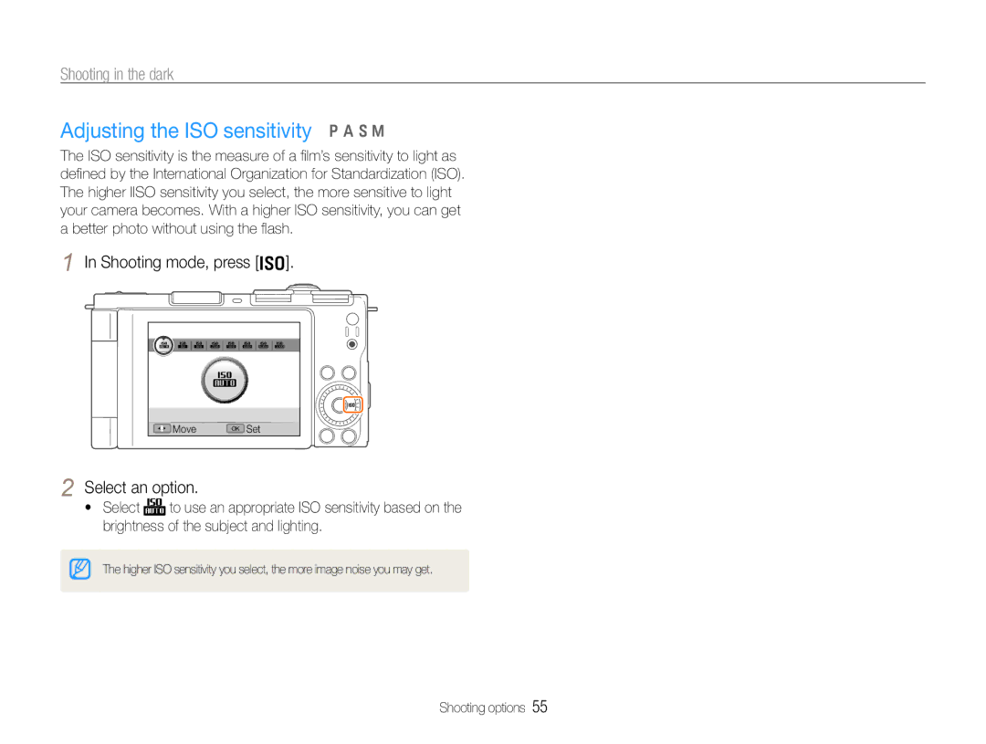 Samsung TL500 user manual Adjusting the ISO sensitivity p a S M, Shooting mode, press 