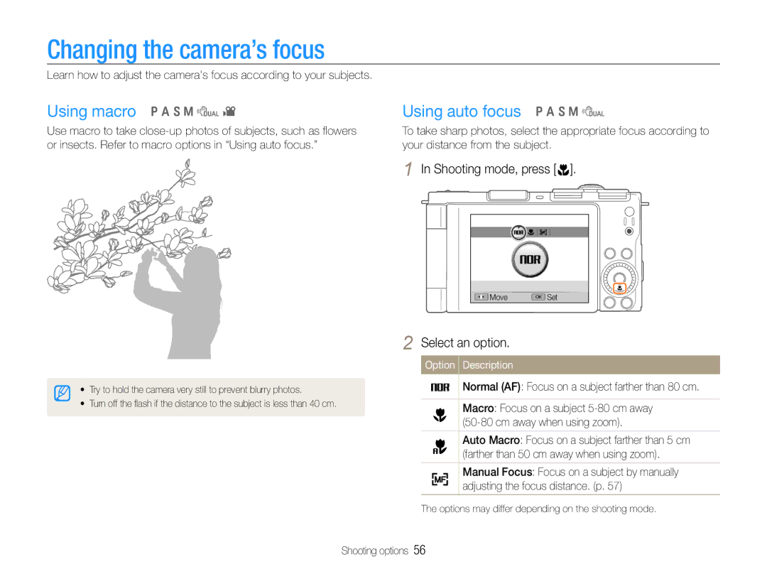 Samsung TL500 Changing the camera’s focus, Using macro p a S M d, Using auto focus p a S M d, Shooting mode, press c 