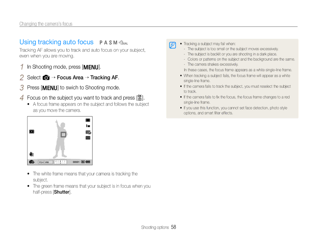 Samsung TL500 user manual Using tracking auto focus p a S M d 