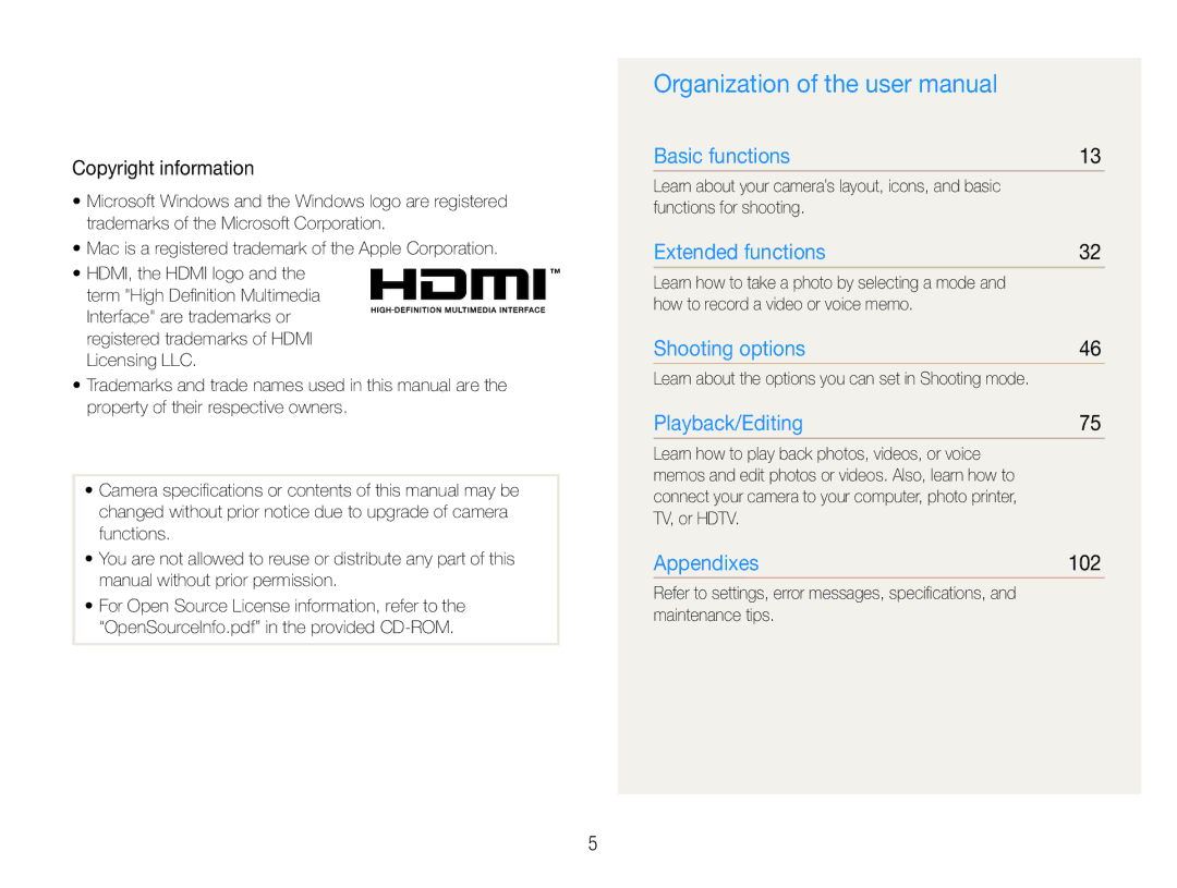 Samsung TL500 user manual Copyright information, 102 