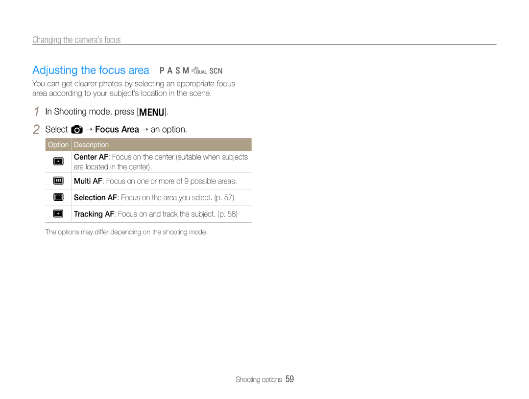 Samsung TL500 user manual Adjusting the focus area p a S M d s, Shooting mode, press m Select a “ Focus Area “ an option 