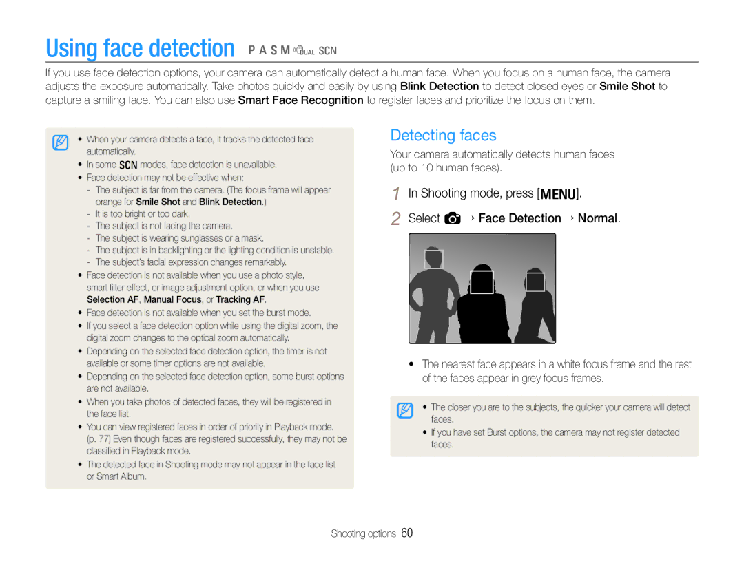 Samsung TL500 Using face detection p a S M d s, Detecting faces, Shooting mode, press m Select a “ Face Detection “ Normal 