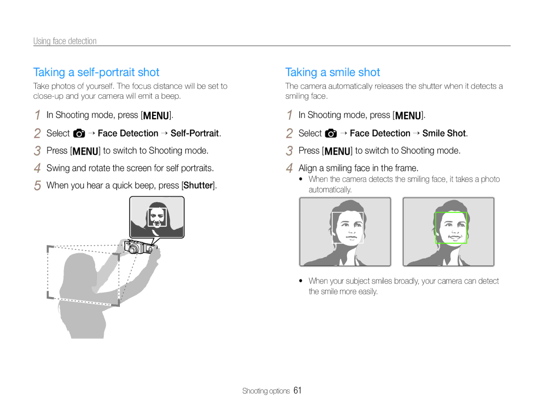 Samsung TL500 Taking a self-portrait shot, Taking a smile shot, Using face detection, Align a smiling face in the frame 