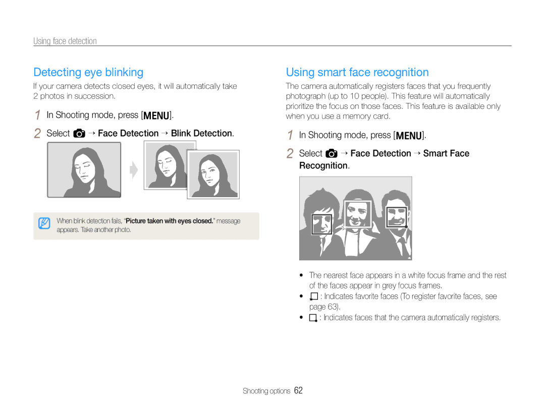 Samsung TL500 user manual Detecting eye blinking, Using smart face recognition 