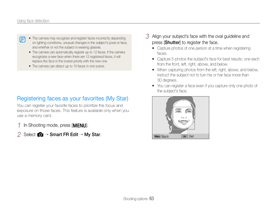 Samsung TL500 Registering faces as your favorites My Star, Shooting mode, press m Select a “ Smart FR Edit “ My Star 