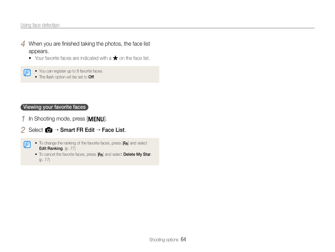 Samsung TL500 user manual Shooting mode, press m Select a “ Smart FR Edit “ Face List, Viewing your favorite faces 