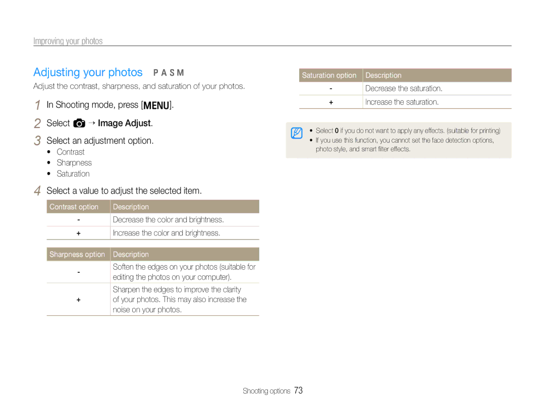 Samsung TL500 Adjusting your photos p a S M, Select a value to adjust the selected item, Saturation option Description 