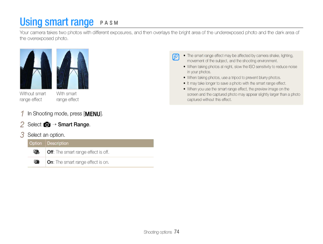 Samsung TL500 user manual Using smart range p a S M, Range effect 