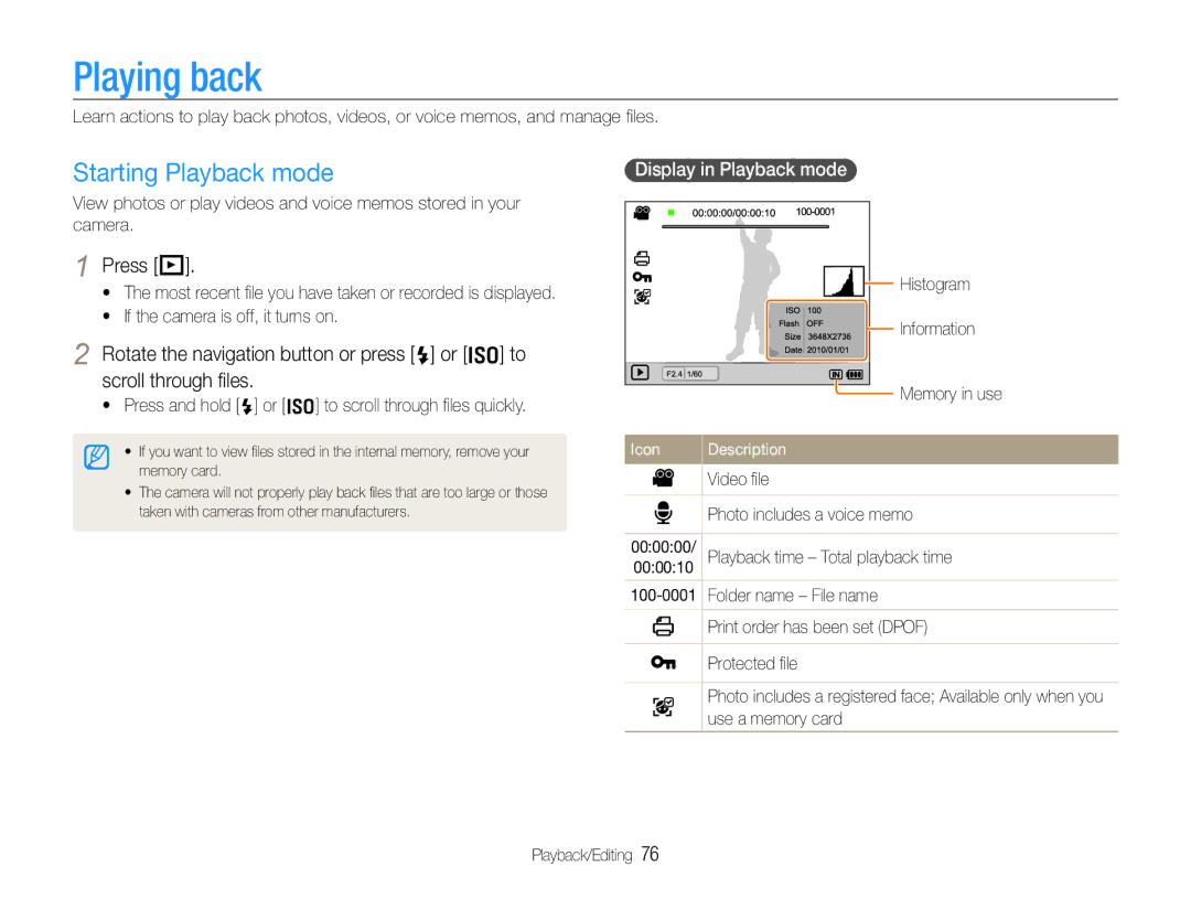 Samsung TL500 user manual Playing back, Starting Playback mode, Press P, Display in Playback mode 