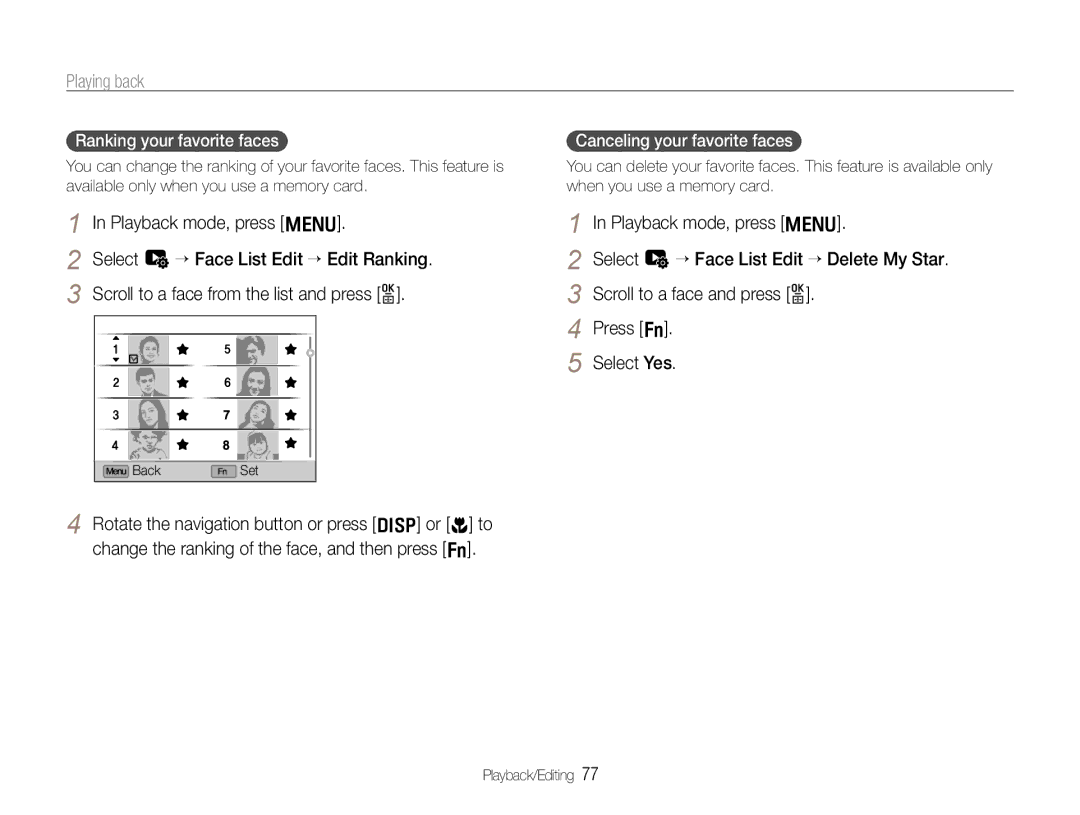 Samsung TL500 user manual Playing back, Playback mode, press m, Ranking your favorite faces, Canceling your favorite faces 