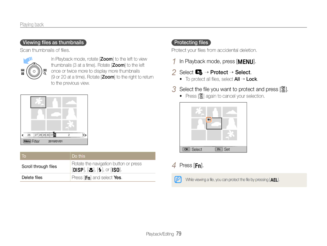 Samsung TL500 Playback mode, press m Select u ““Protect ““Select, Select the ﬁle you want to protect and press o, Do this 