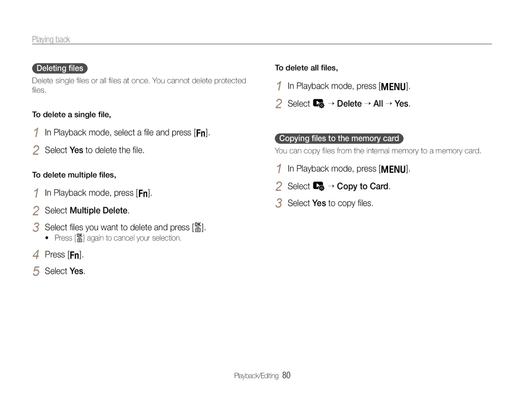 Samsung TL500 user manual Press f Select Yes, Playback mode, press m Select u “ Delete “ All “ Yes, Deleting ﬁles 