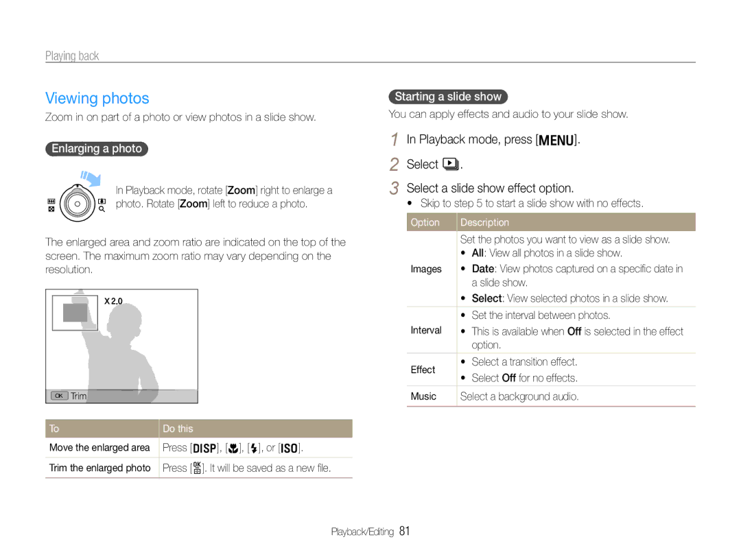 Samsung TL500 user manual Viewing photos, Enlarging a photo, Starting a slide show 