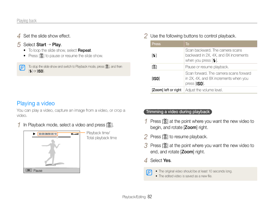 Samsung TL500 Playing a video, Set the slide show effect Select Start ““Play, Playback mode, select a video and press o 