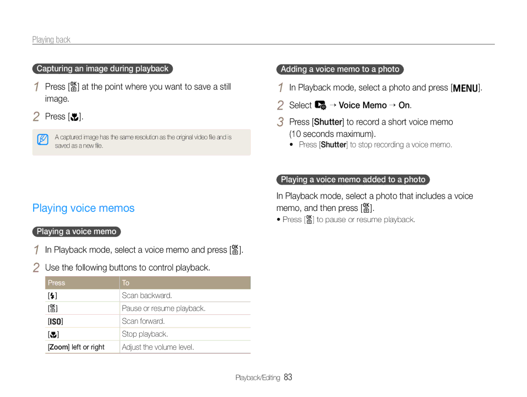 Samsung TL500 user manual Playing voice memos, Capturing an image during playback, Playing a voice memo added to a photo 