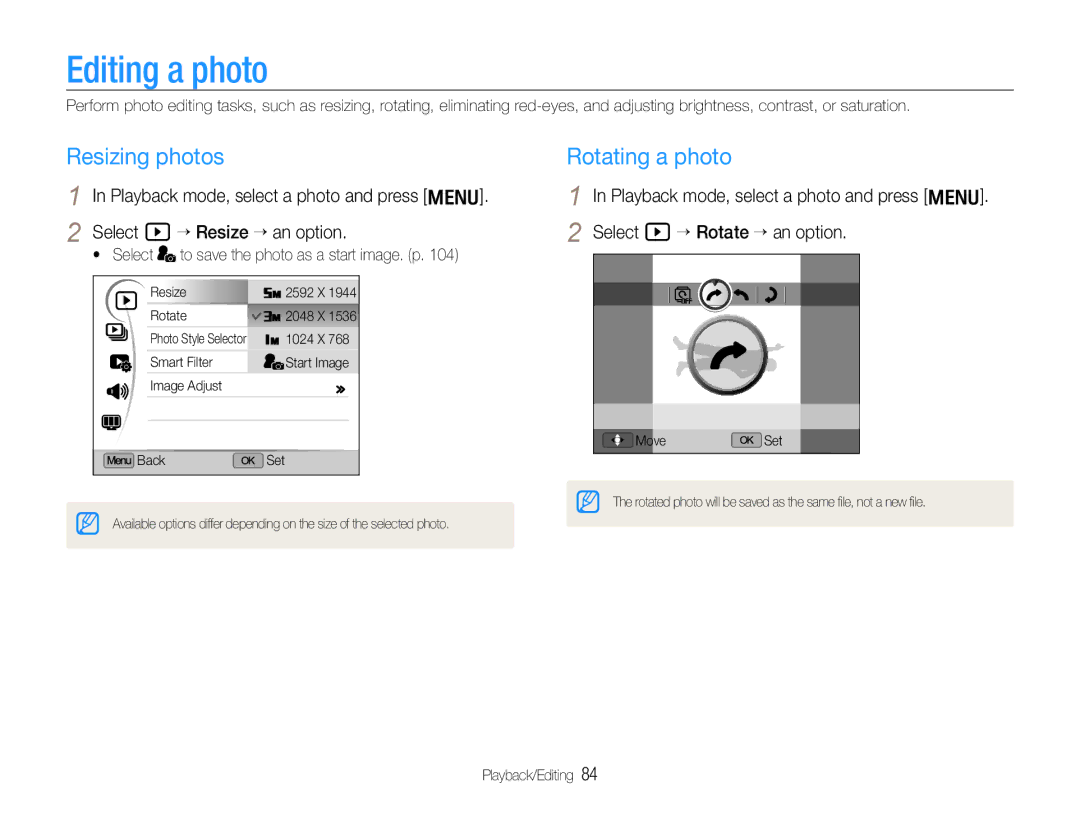 Samsung TL500 user manual Editing a photo, Resizing photos, Rotating a photo 