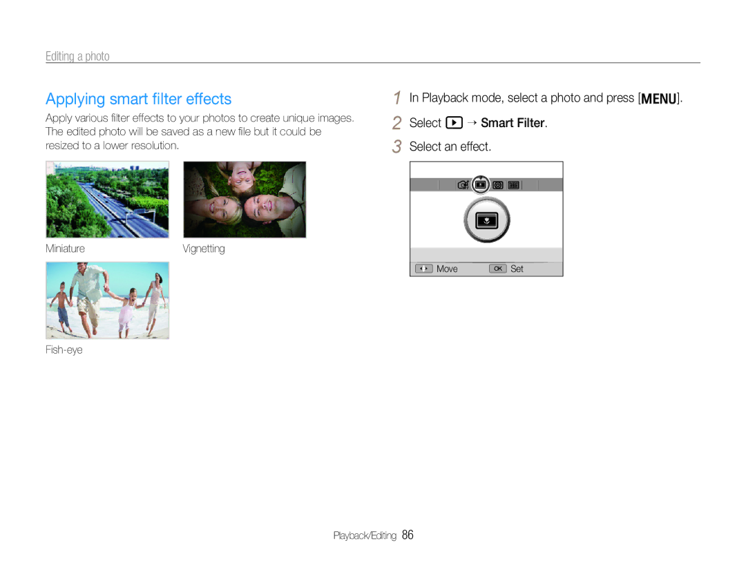 Samsung TL500 user manual Applying smart ﬁlter effects, Select y ““Smart Filter Select an effect, Fish-eye Playback/Editing 