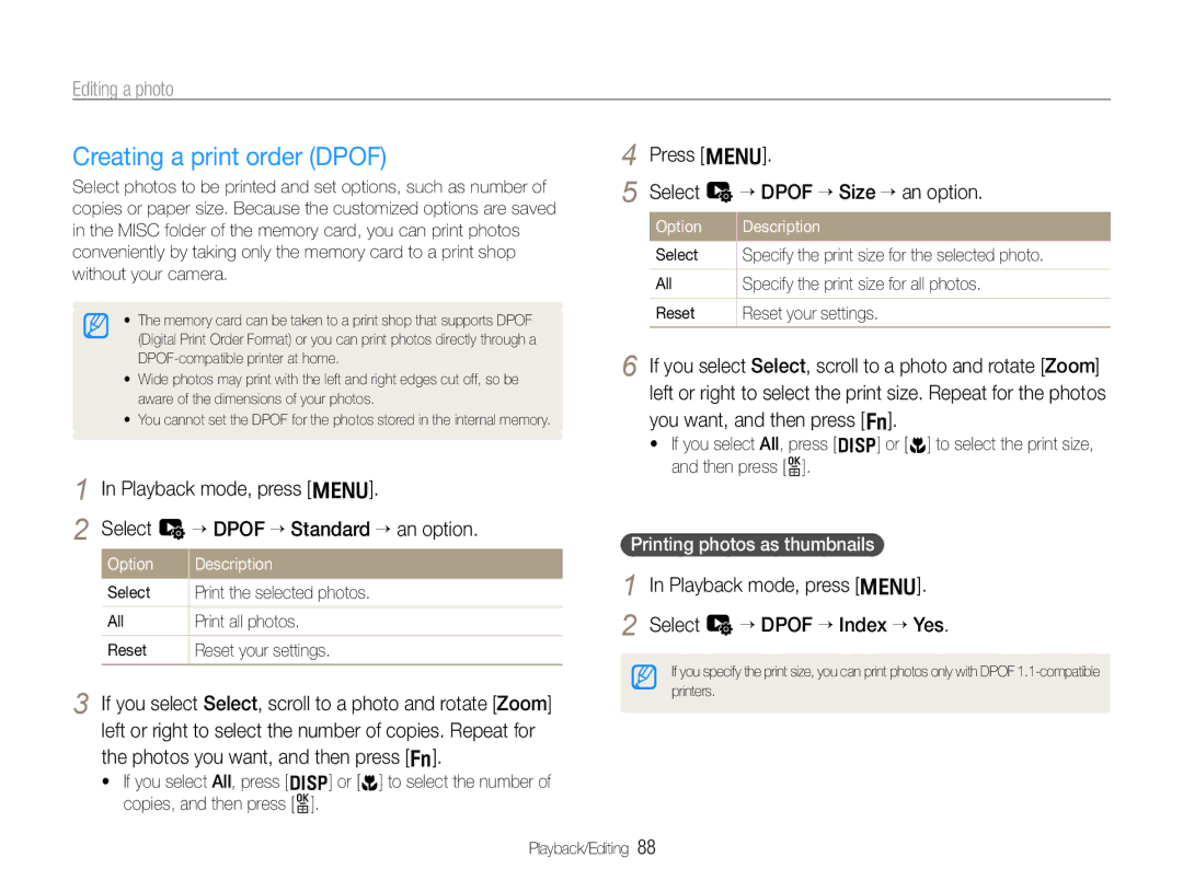 Samsung TL500 Creating a print order Dpof, Select u “ Dpof “ Standard “ an option, Photos you want, and then press f 