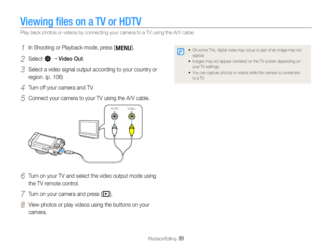 Samsung TL500 user manual Viewing ﬁles on a TV or Hdtv 