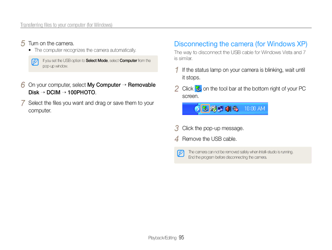 Samsung TL500 Disconnecting the camera for Windows XP, Turn on the camera, On the tool bar at the bottom right of your PC 