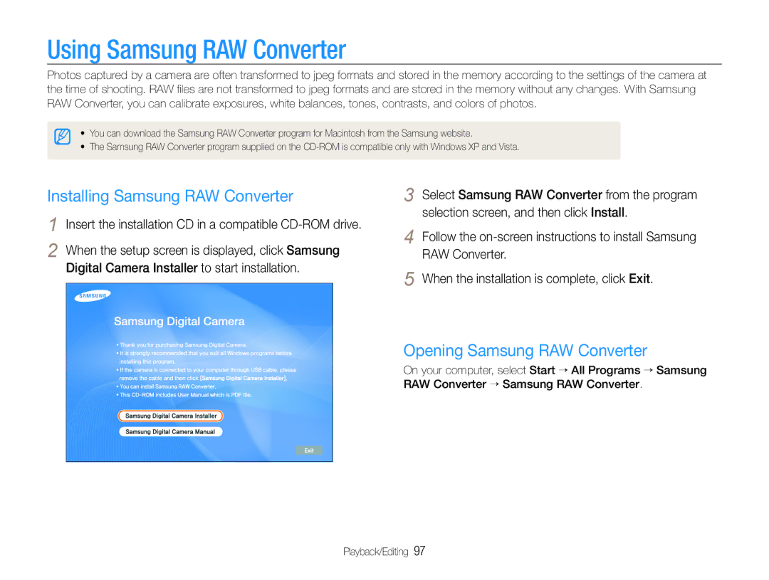 Samsung TL500 user manual Using Samsung RAW Converter, Installing Samsung RAW Converter, Opening Samsung RAW Converter 