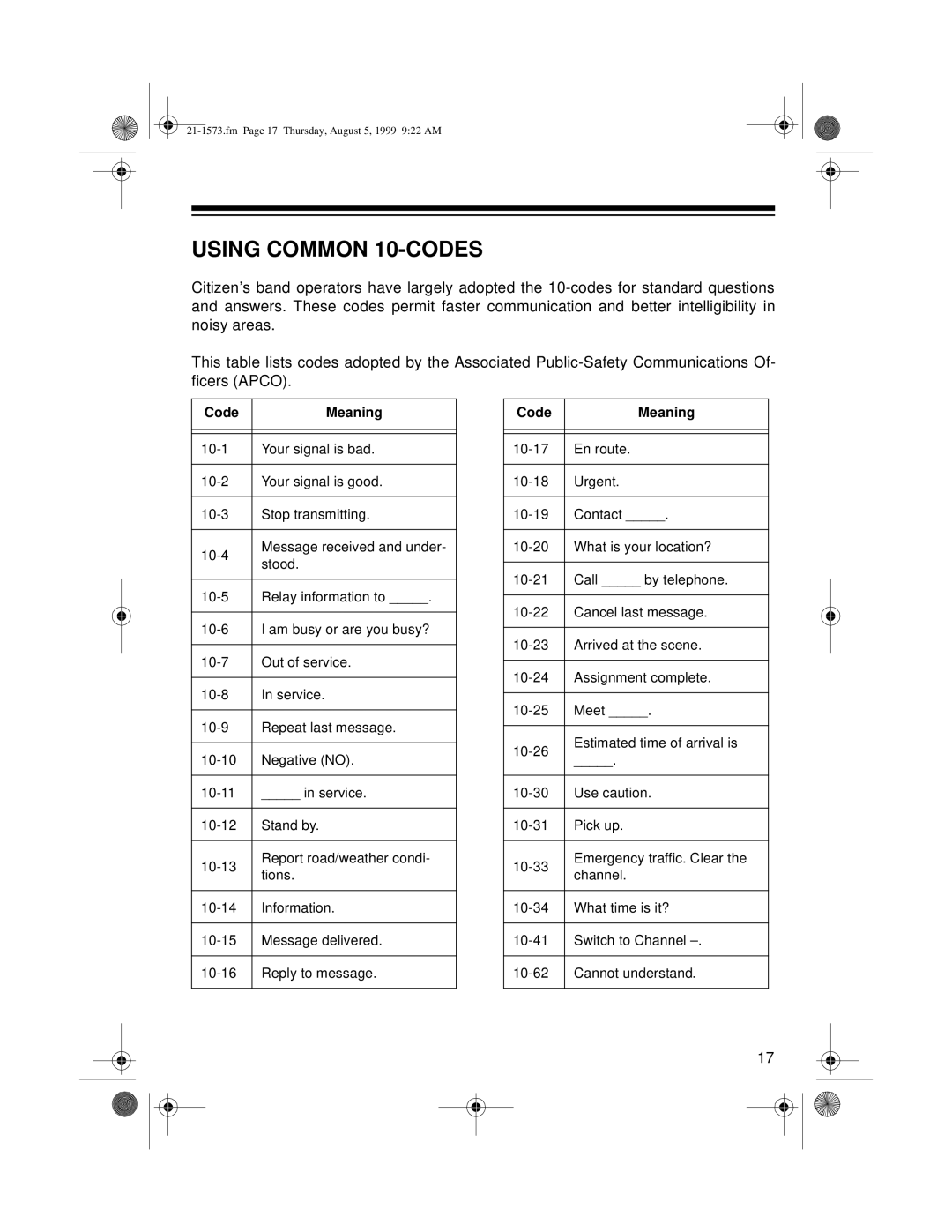 Samsung TRC-445 owner manual Using Common 10-CODES, Code Meaning 