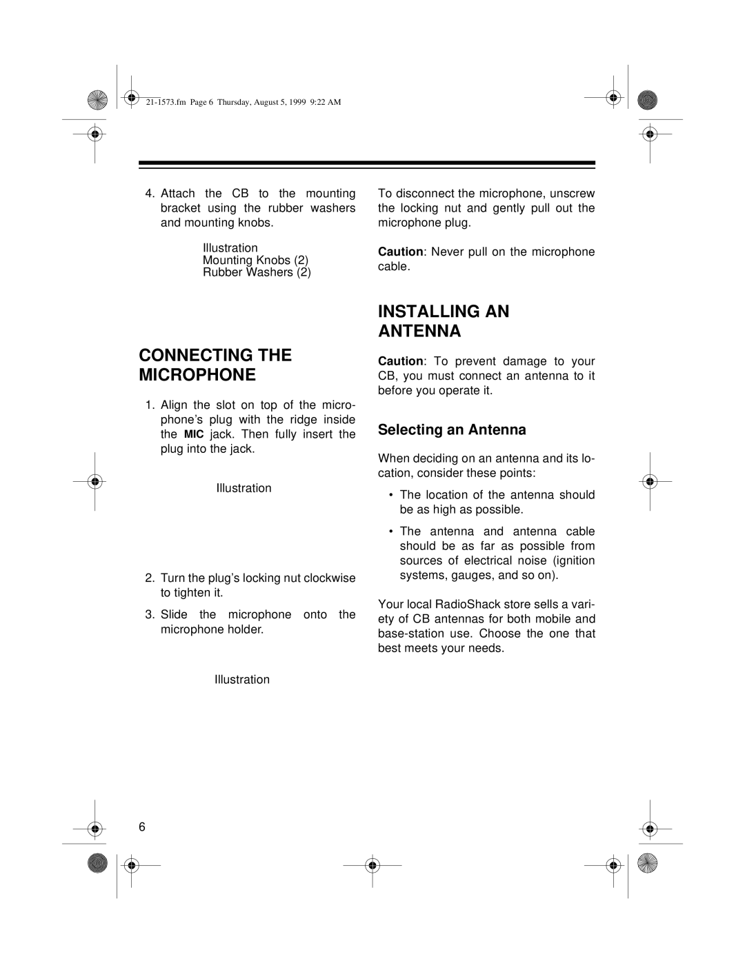 Samsung TRC-445 owner manual Connecting Microphone, Installing AN Antenna, Selecting an Antenna 