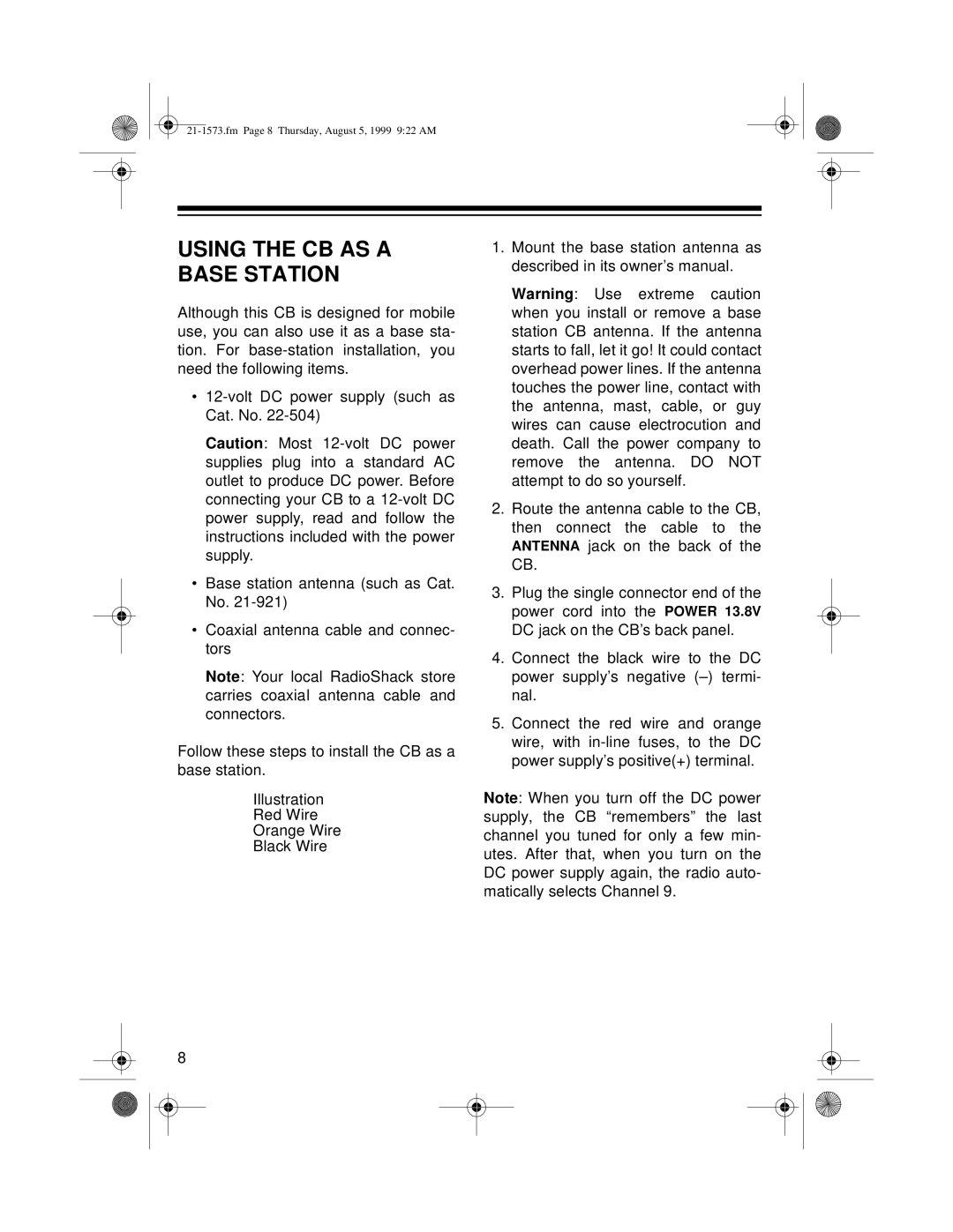 Samsung TRC-445 owner manual Using the CB AS a Base Station 