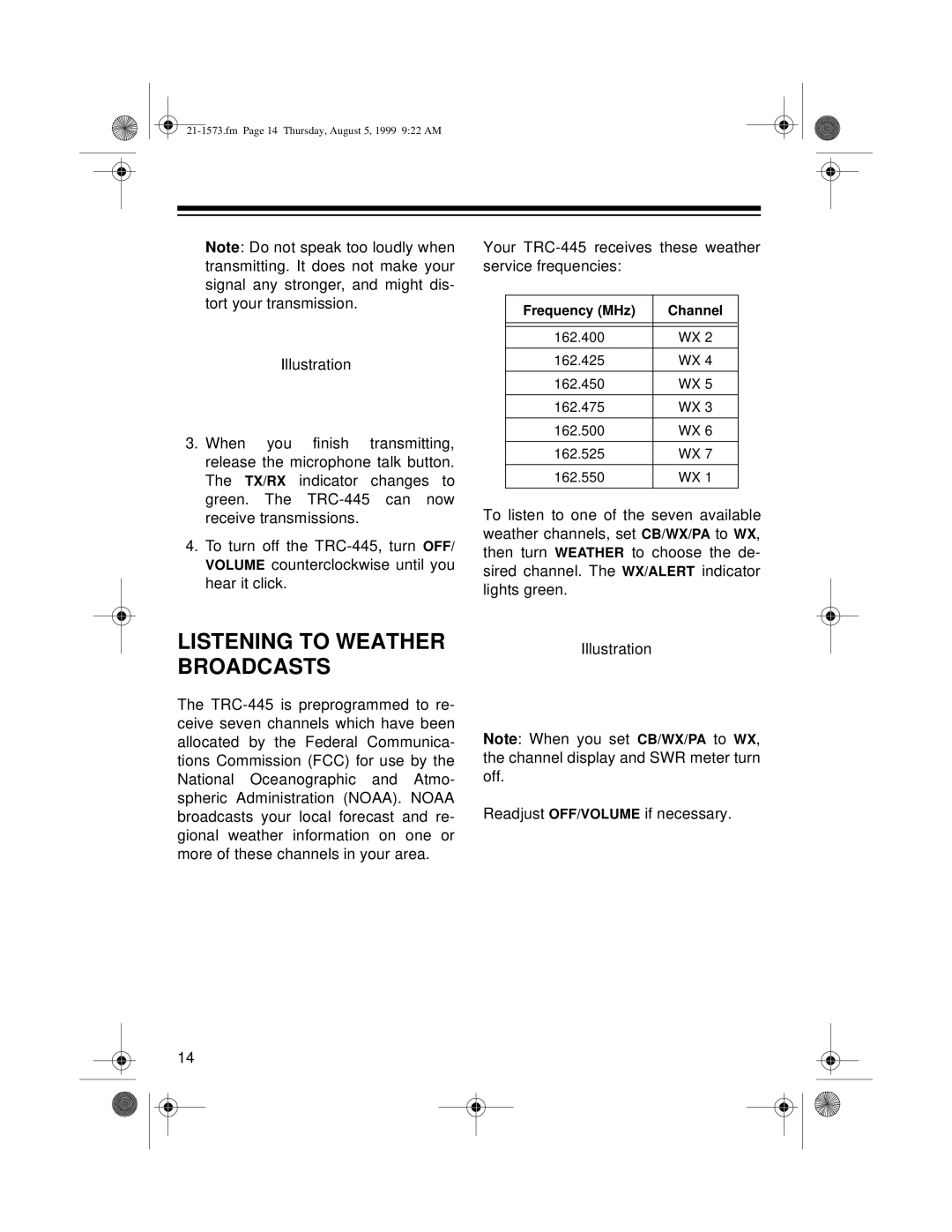 Samsung TRC-445 owner manual Listening To Weather Broadcasts 