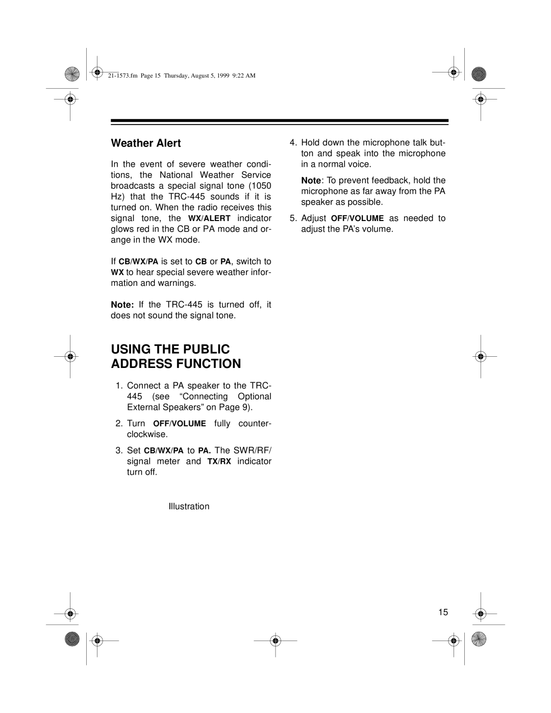 Samsung TRC-445 owner manual Using The Public Address Function, Weather Alert 