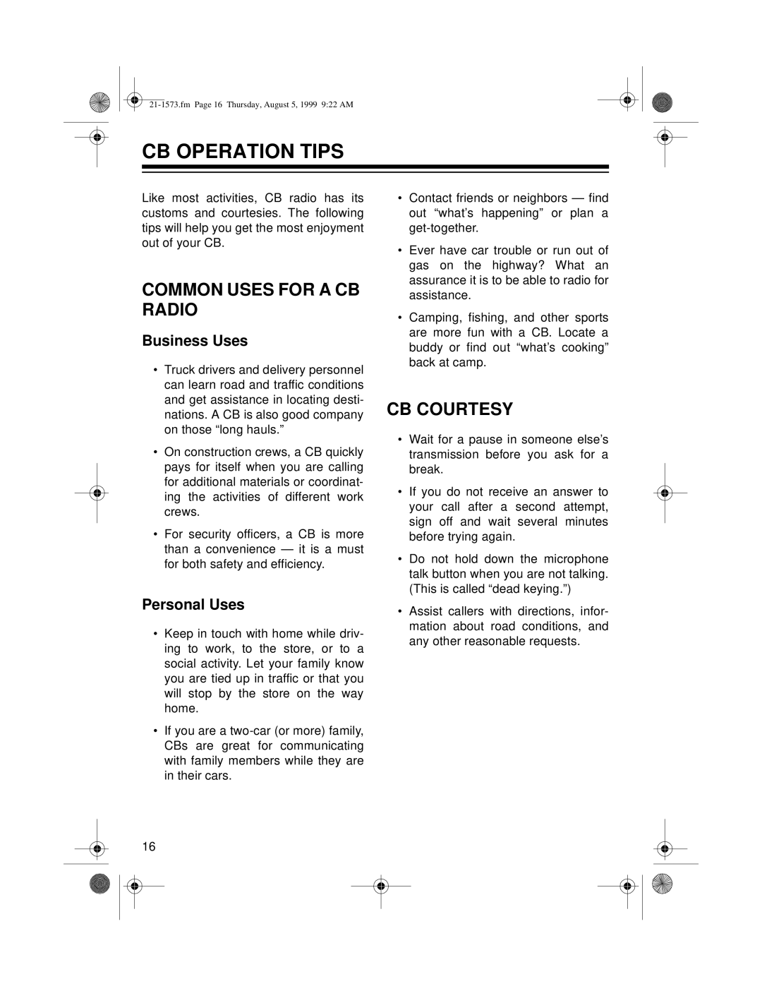 Samsung TRC-445 owner manual Cb Operation Tips, Common Uses For A Cb Radio, Cb Courtesy, Business Uses, Personal Uses 