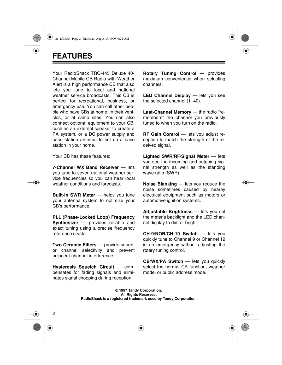 Samsung TRC-445 owner manual Features 