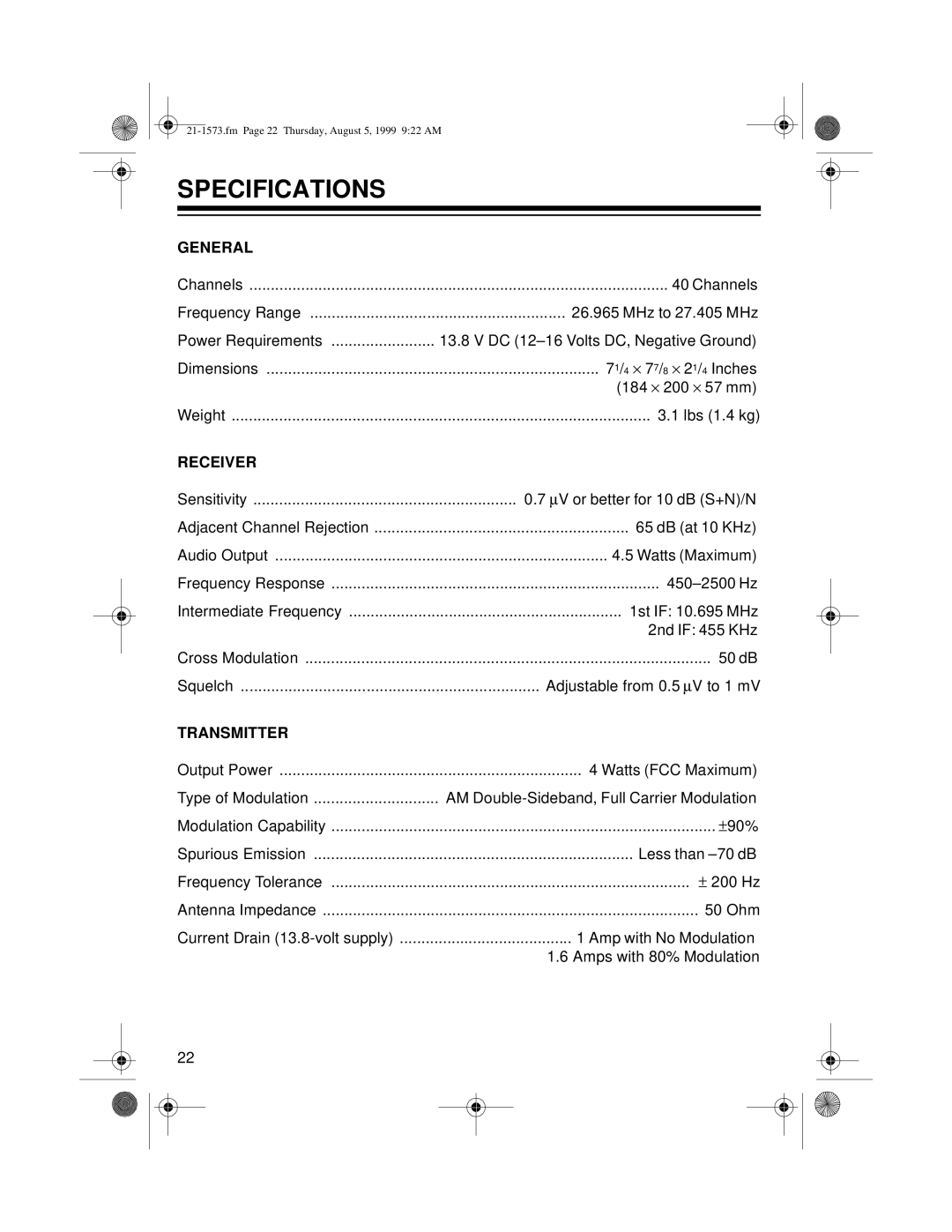 Samsung TRC-445 owner manual Specifications, General, Receiver, Transmitter 