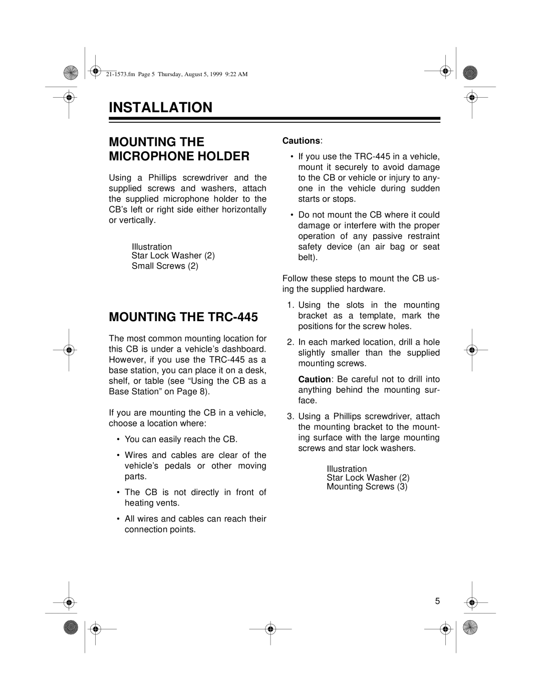 Samsung owner manual Installation, Mounting The Microphone Holder, MOUNTING THE TRC-445 