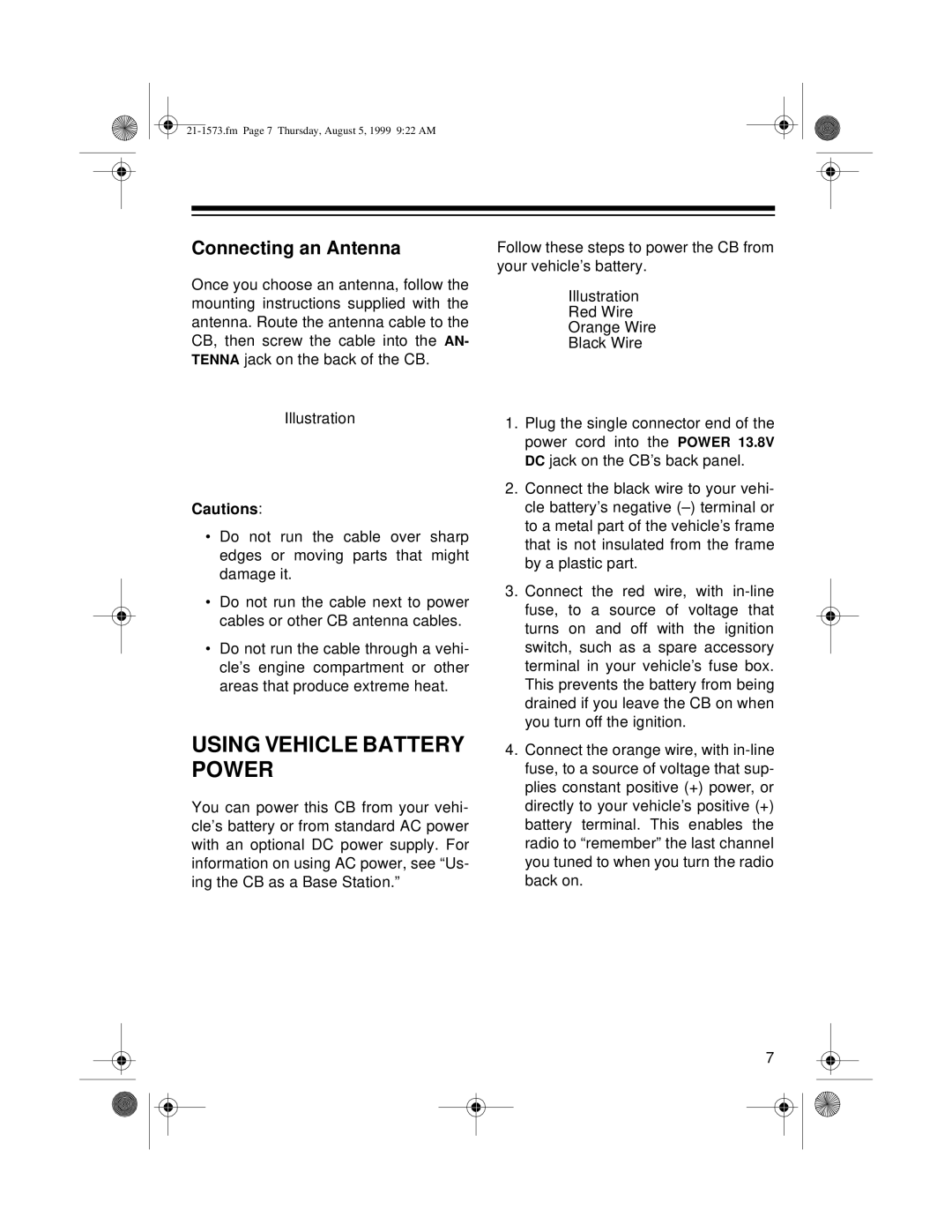Samsung TRC-445 owner manual Using Vehicle Battery Power, Connecting an Antenna 