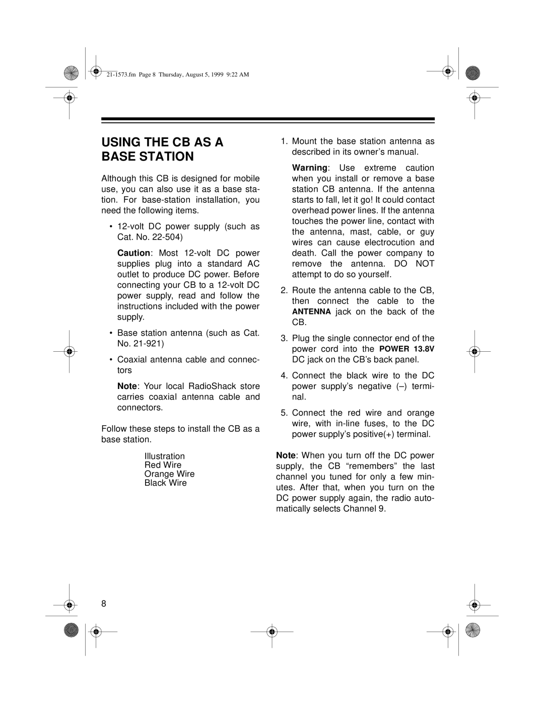 Samsung TRC-445 owner manual Using The Cb As A Base Station 