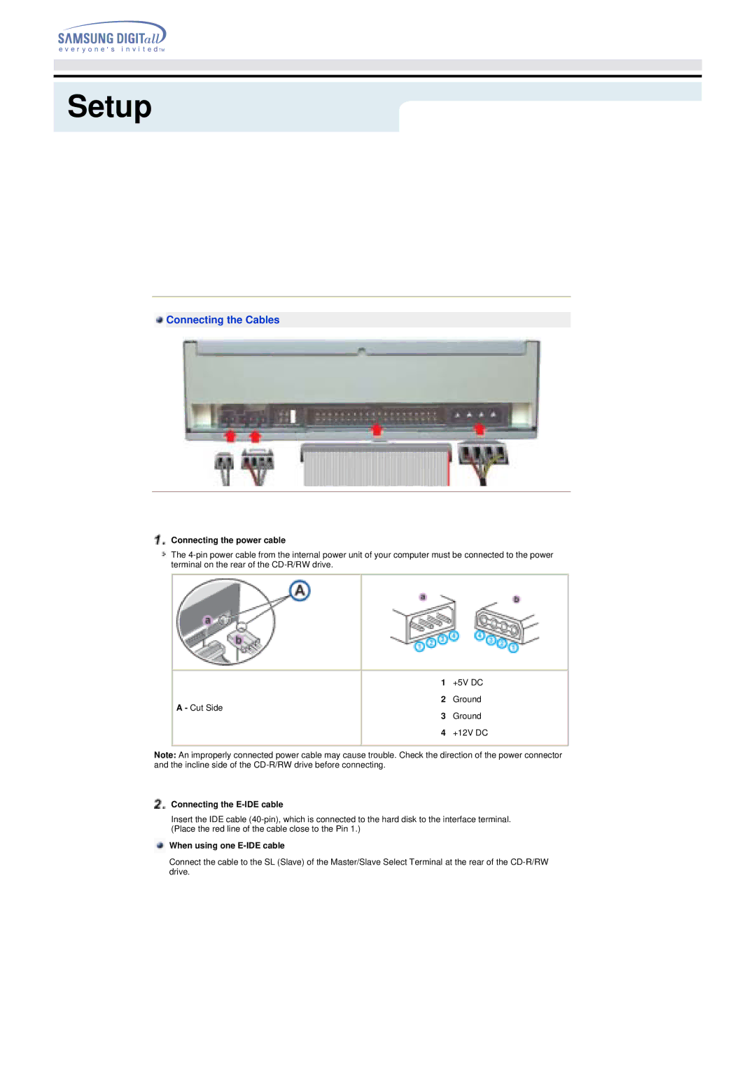 Samsung TS-H292A manual Connecting the power cable, Connecting the E-IDE cable, When using one E-IDE cable 