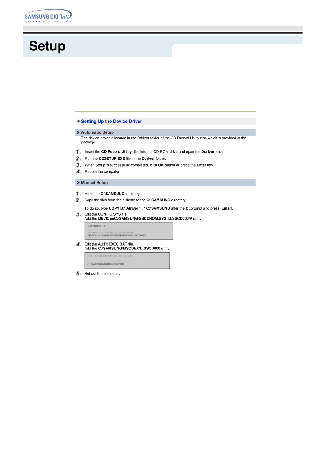 Samsung TS-H292A manual Connecting the Cables Setting Up the Device Driver, Add the C\SAMSUNG\MSCDEX/DSSCD000 entry 