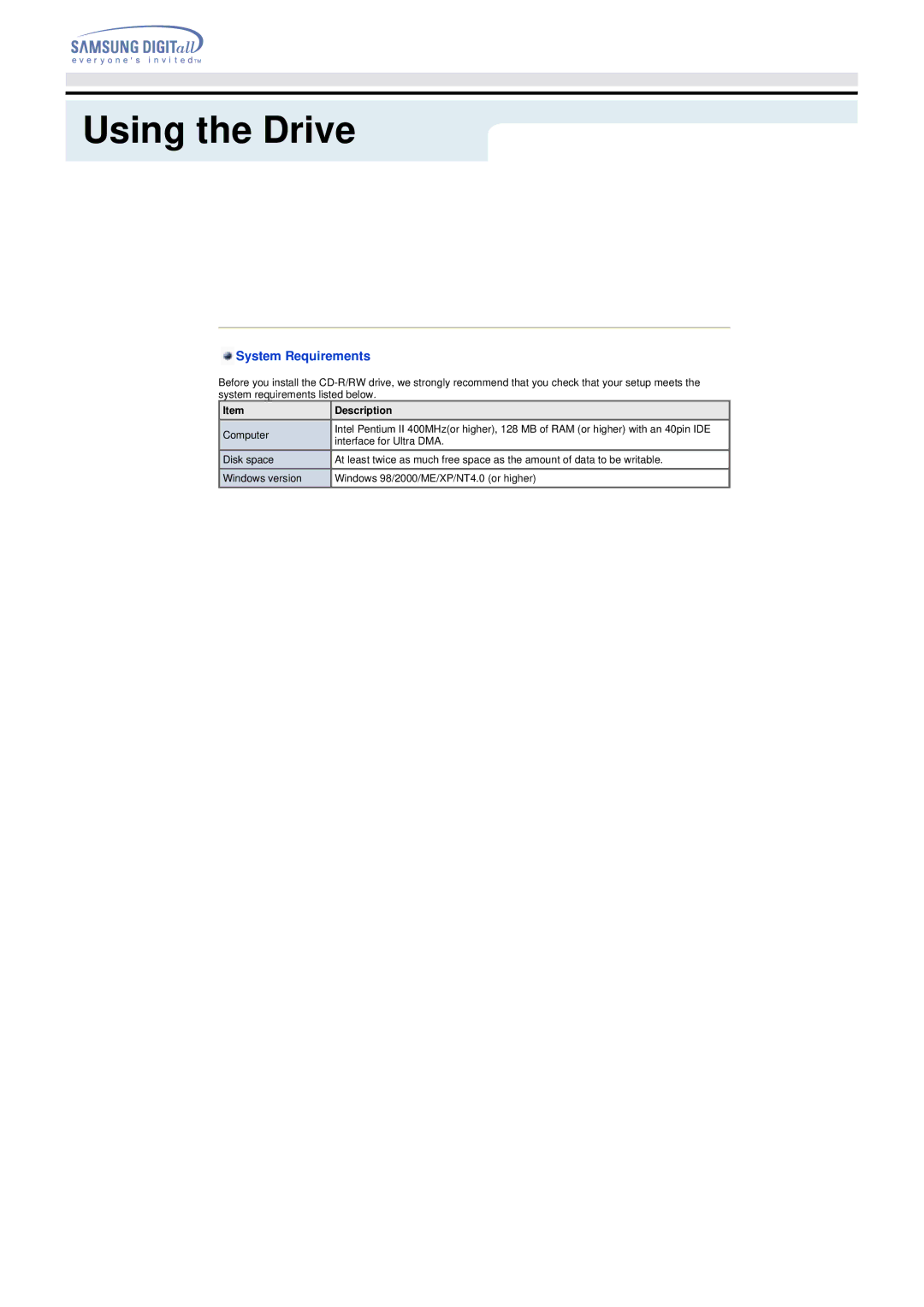 Samsung TS-H292A manual Connecting the Cables System Requirements, Description 