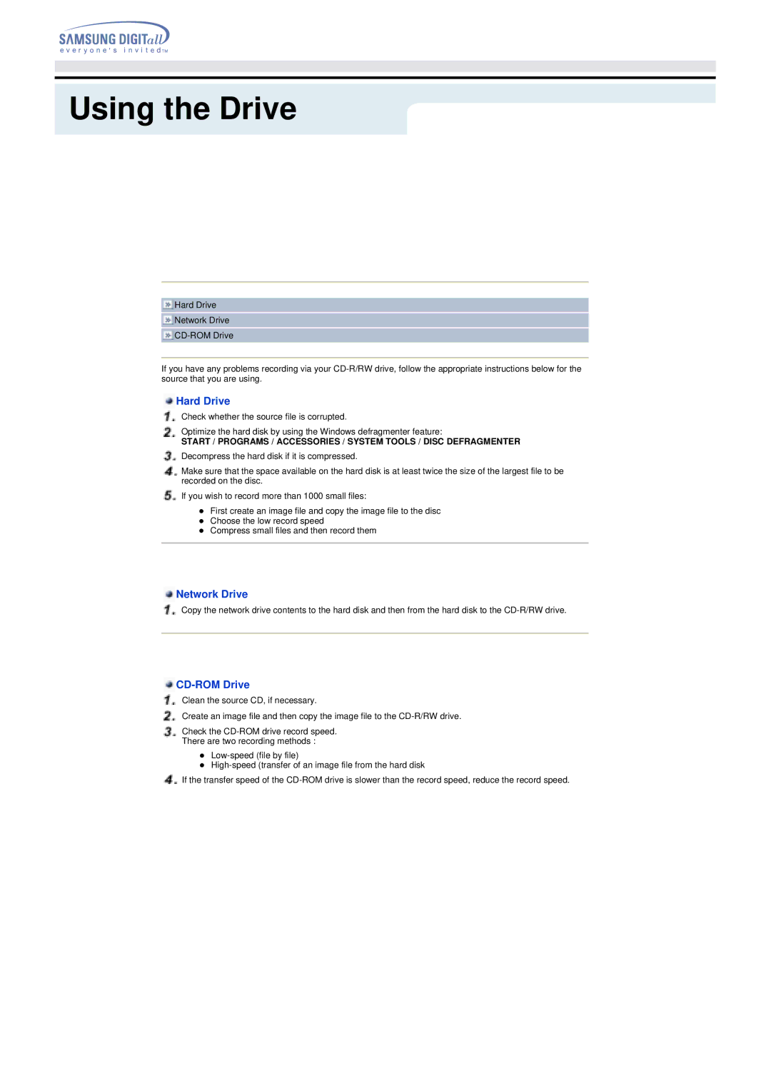 Samsung TS-H292A manual Hard Drive, Network Drive, CD-ROM Drive 