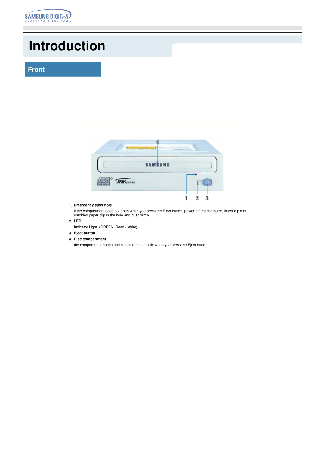 Samsung TS-H292A manual Introduction, Front, Emergency eject hole, Led, Eject button Disc compartment 