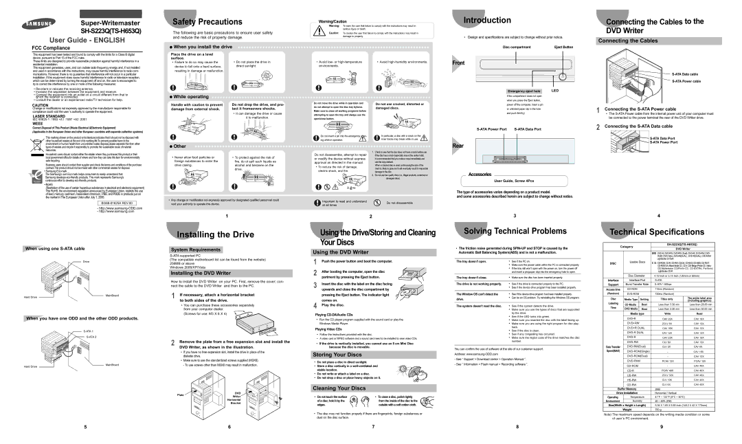 Samsung SH-S223Q technical specifications Eject Button, Do not use cracked, distorted or, Drive is not working properly 
