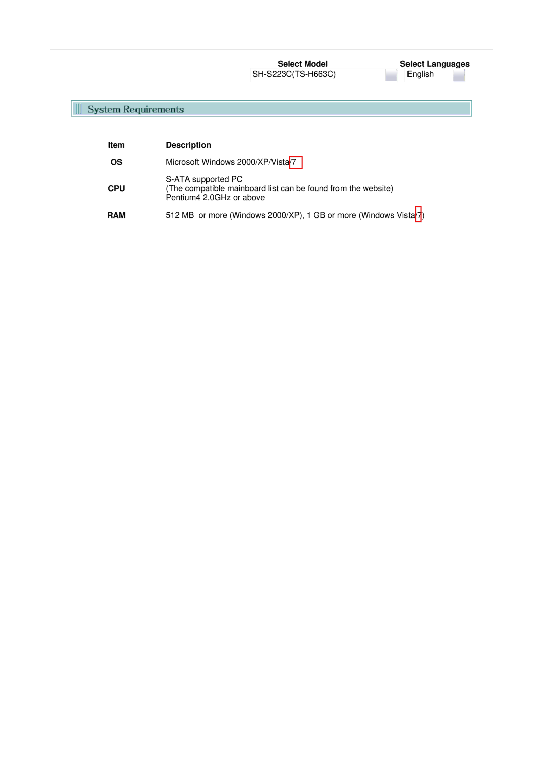 Samsung TS-H663C, SH-S223C Select Model Select Languages, Description, Microsoft Windows 2000/XP/Vista/7, ATA supported PC 