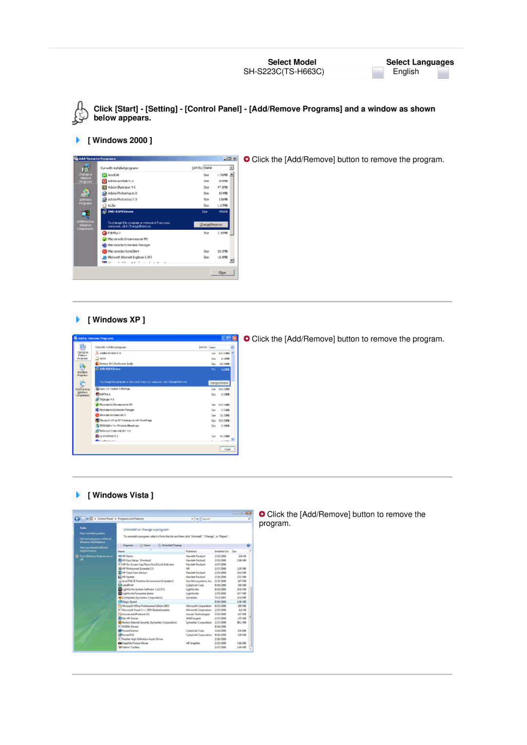 Samsung TS-H663C, SH-S223C user manual Click the Add/Remove button to remove the program 