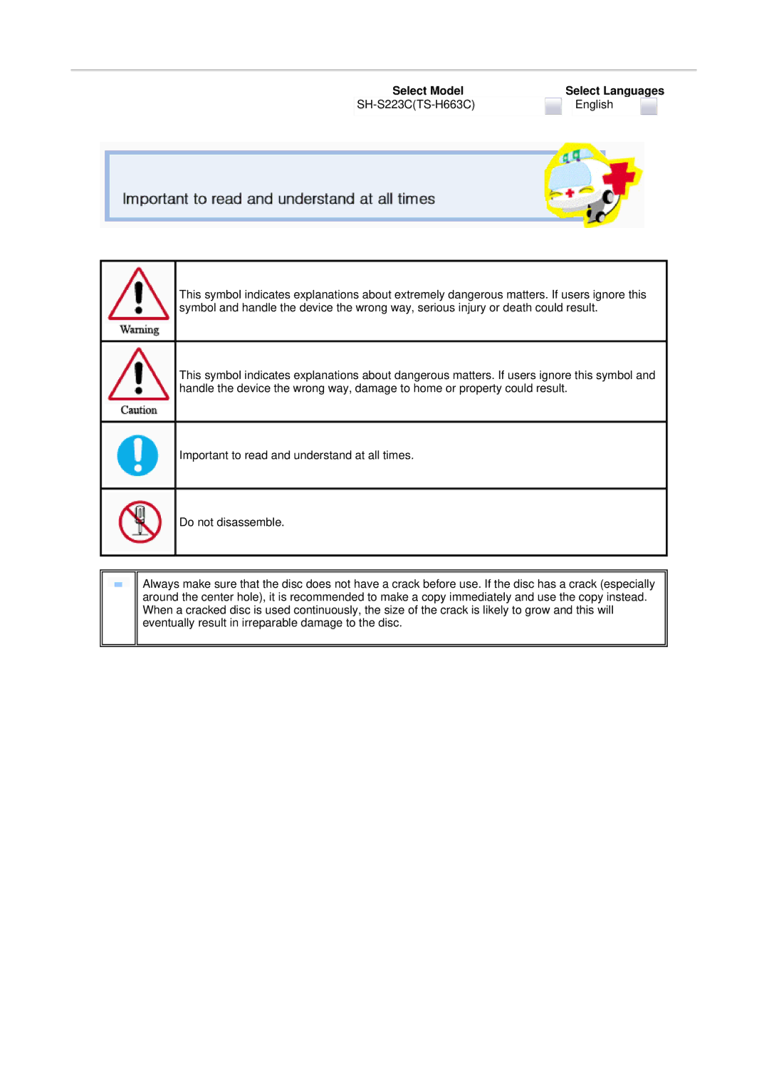 Samsung SH-S223C, TS-H663C user manual Select Model 