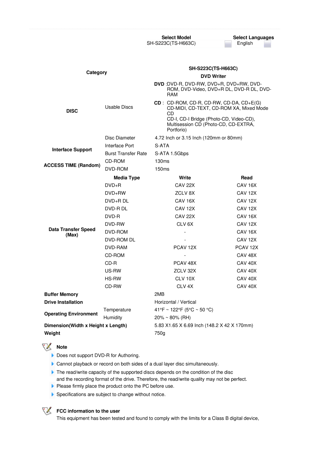 Samsung SH-S223C, TS-H663C user manual Media Type, DimensionWidth x Height x Length Weight, FCC information to the user 